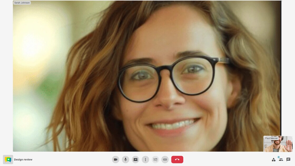 The OpenVidu Meet application: a video meeting with two participants, the self-view, and the toolbar with camera, microphone, screen sharing, captions and recording controls